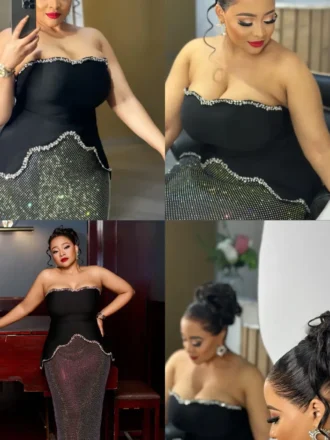 Rhinestone Off-Shoulder Top & Mesh Mid Waist Skirt Set