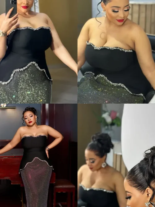 Rhinestone Off-Shoulder Top & Mesh Mid Waist Skirt Set