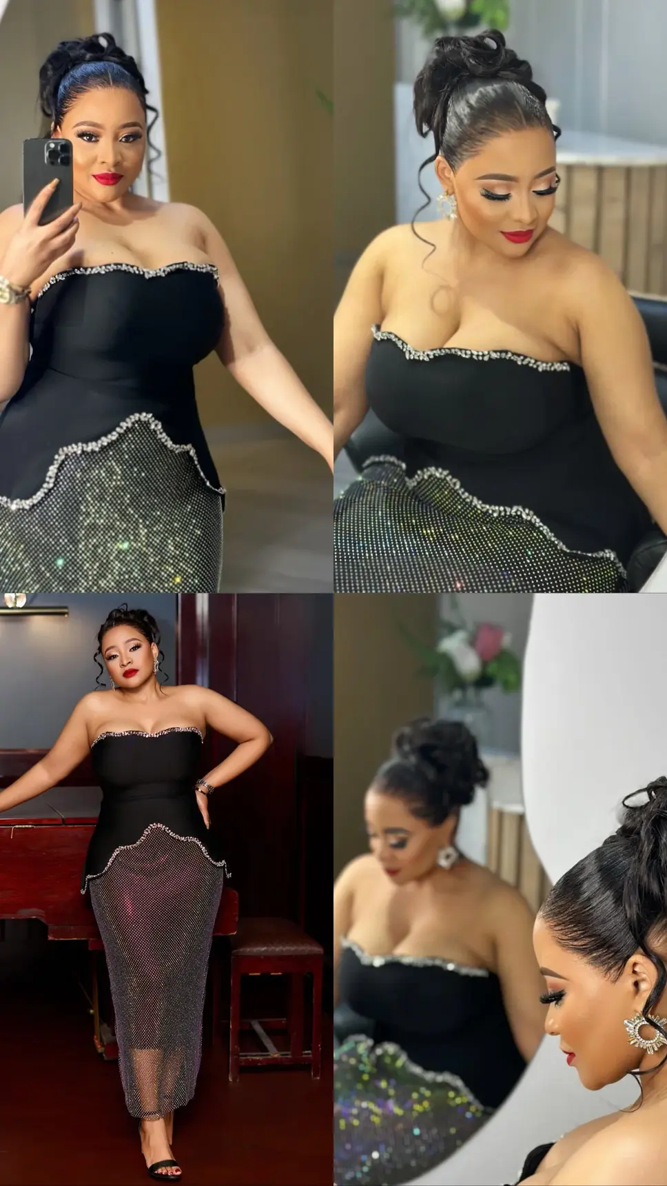 Rhinestone Off-Shoulder Top & Mesh Mid Waist Skirt Set