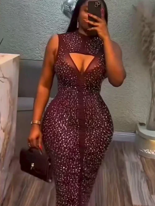 Crystal Spark Queen Rhinestone Mesh Dress