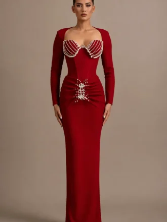 Long Sleeve Crystal Bustier Maxi Dress