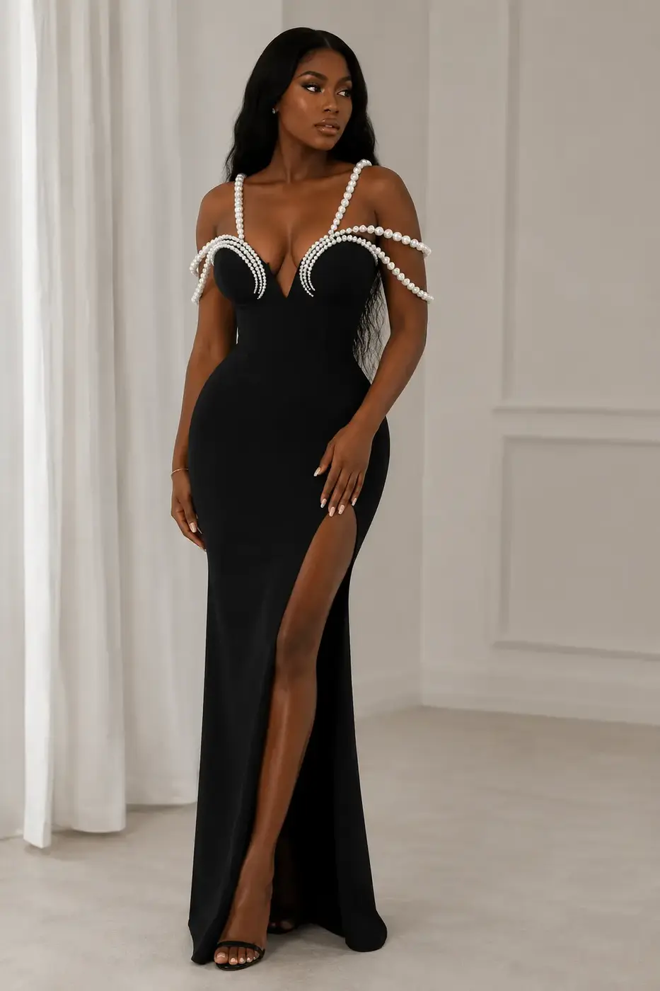 Pearl Strap Bodycon Evening Gown
