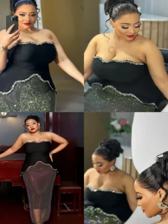 Rhinestone Off-Shoulder Top & Mesh Mid Waist Skirt Set